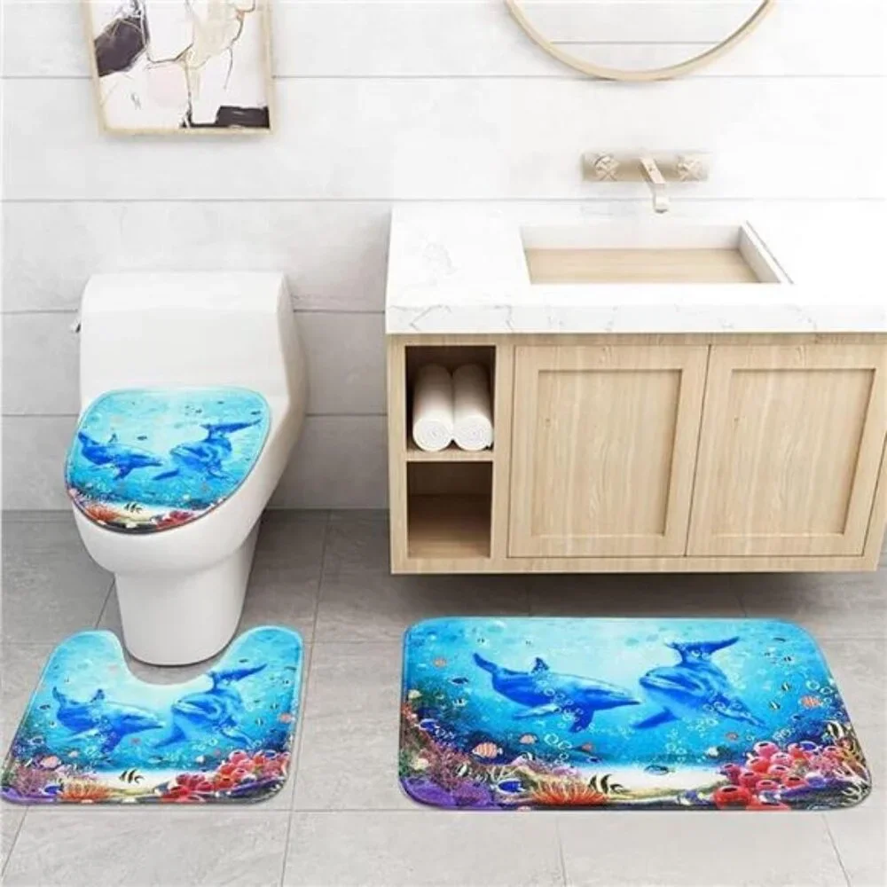 4Pcs Blue Ocean Dolphin Shower Curtain Sets with Rugs,Toilet Lid Cover & BathMat